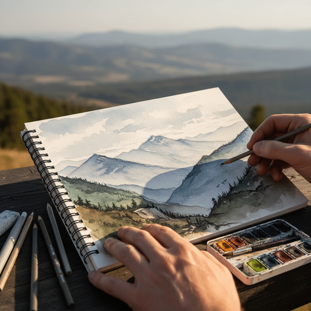 Artist sketching a serene mountain landscape with watercolor paints outdoors, capturing the essence of nature.
