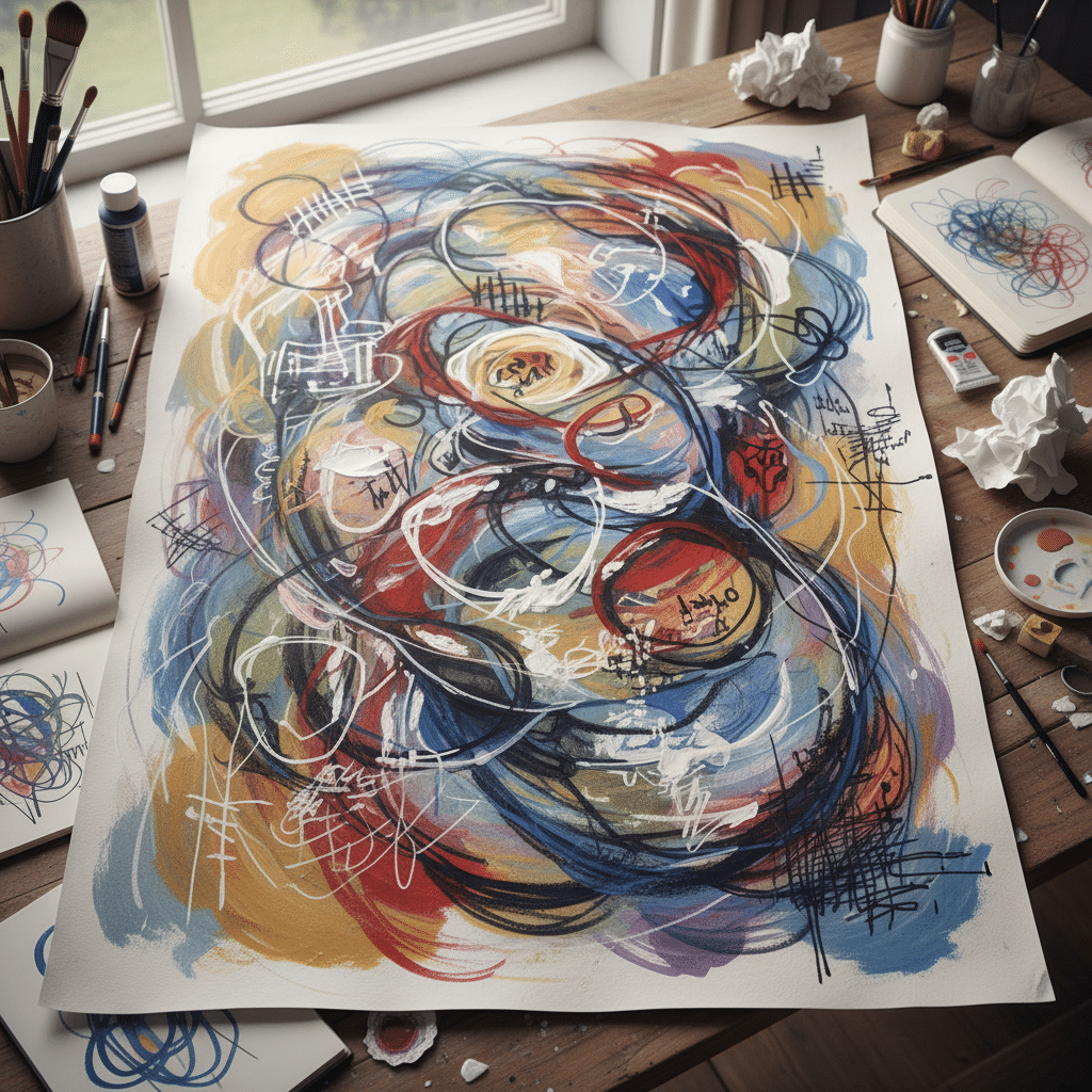 Abstract colorful painting on a table with art supplies, capturing creative expression and vibrant brushstrokes.