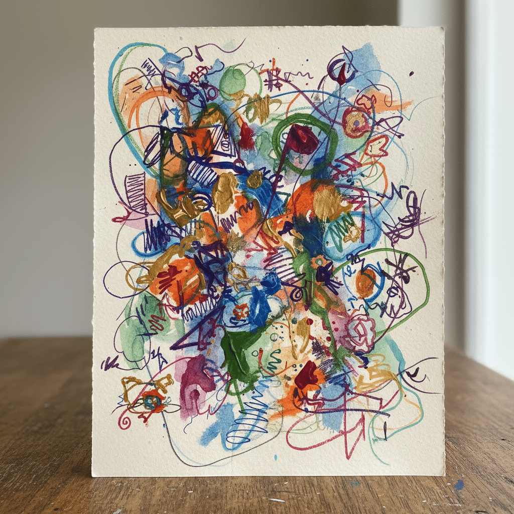 Colorful abstract painting with vibrant swirls and shapes on paper, featuring blue, green, red, and gold accents.