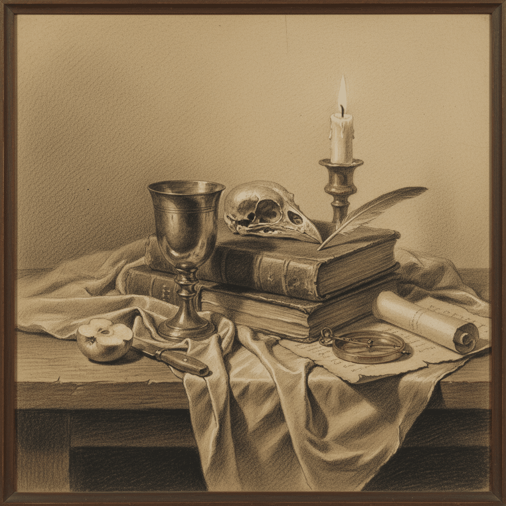 Still life with books, a skull, a candle, a goblet, a quill, and a compass on a cloth-covered table.