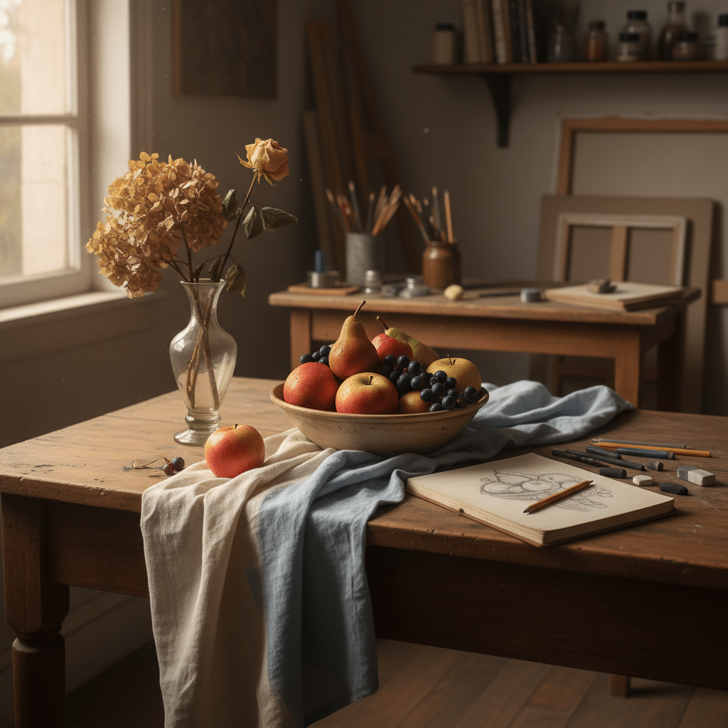 Artist's studio with a bowl of fruit, sketchbook, and dried flowers on a wooden table, softly lit by window light.