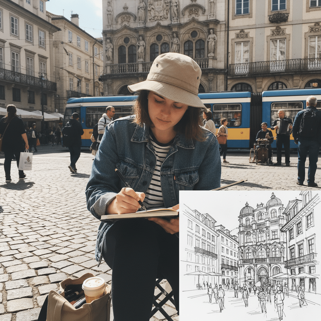 Artist sketching historic European architecture in bustling town square with tram and street performers.