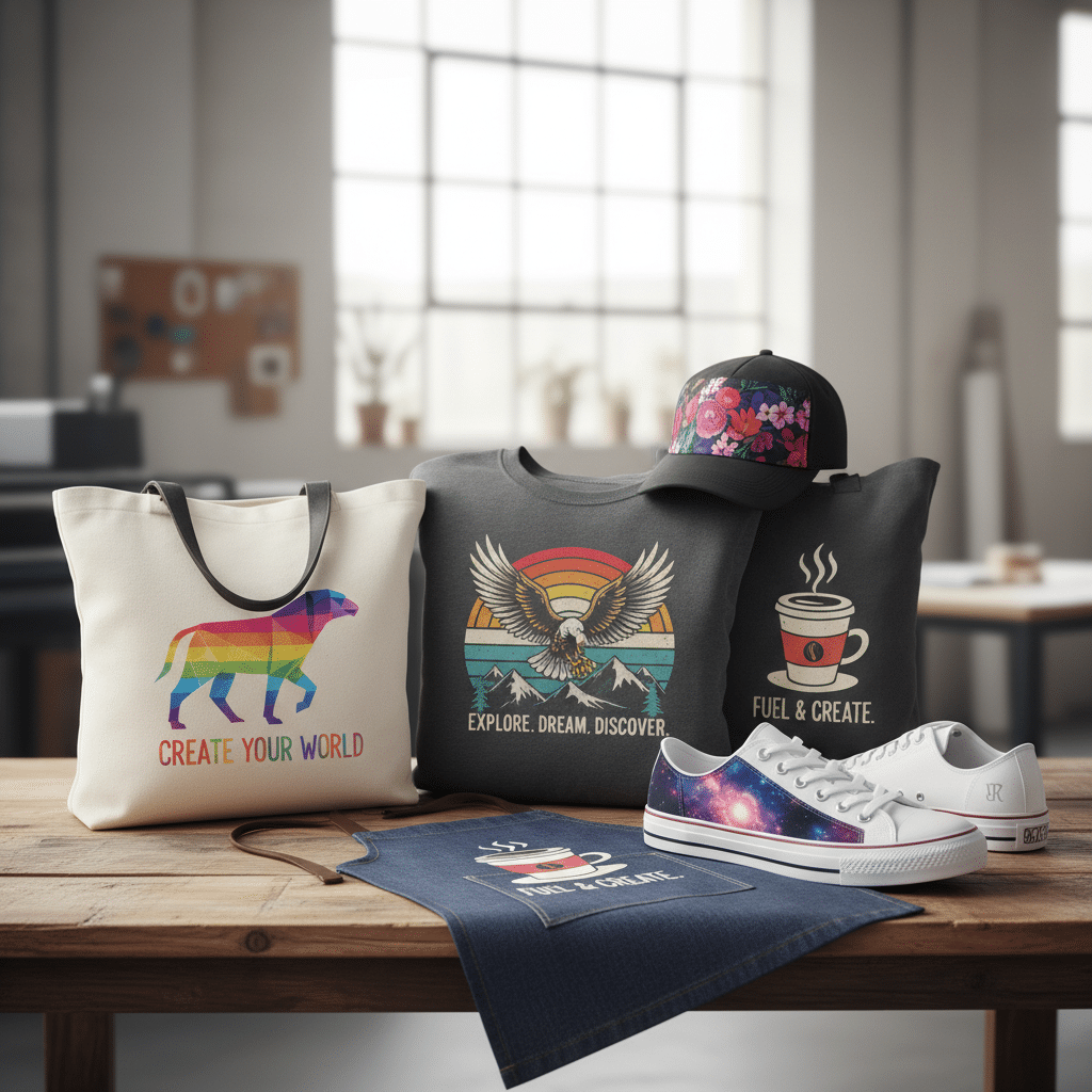 ai-photo-studio-1760955578032-1 Trendy apparel and accessories on display, featuring graphic shirts, a colorful tote bag, shoes, and a floral cap. | Sky Rye Design Trendy apparel and accessories on display, featuring graphic shirts, a colorful tote bag, shoes, and a floral cap.