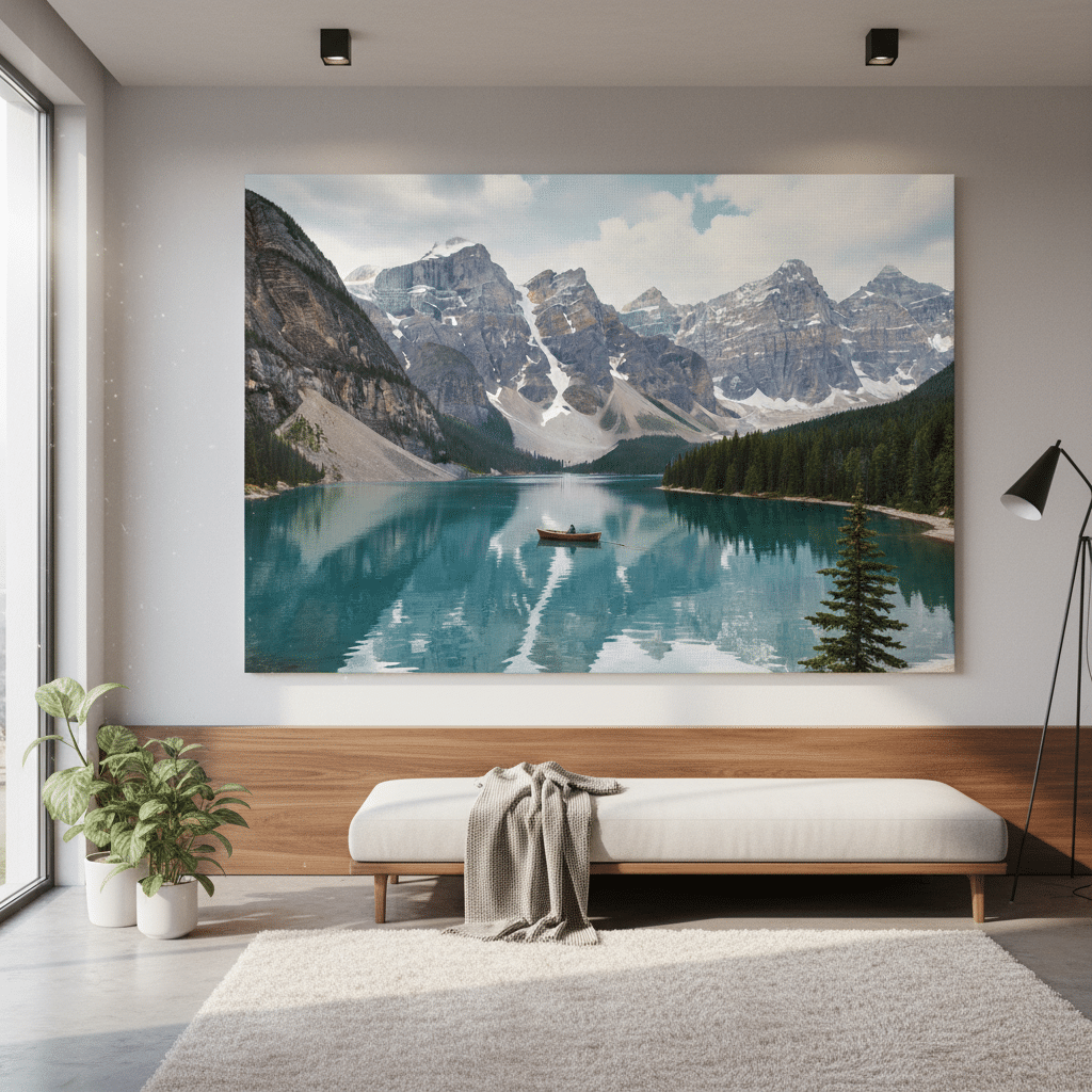ai-photo-studio-1760957460750-2 Modern living room with large landscape painting of a serene lake and mountains, minimalist decor. | Sky Rye Design Modern living room with large landscape painting of a serene lake and mountains, minimalist decor.