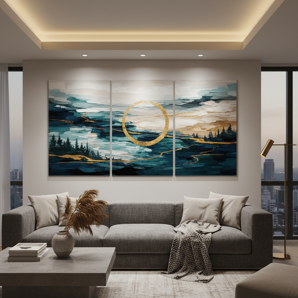 ai-photo-studio-1760958105795-1 Modern living room with abstract triptych art, gray sofa, and soft lighting. | Sky Rye Design Modern living room with abstract triptych art, gray sofa, and soft lighting.