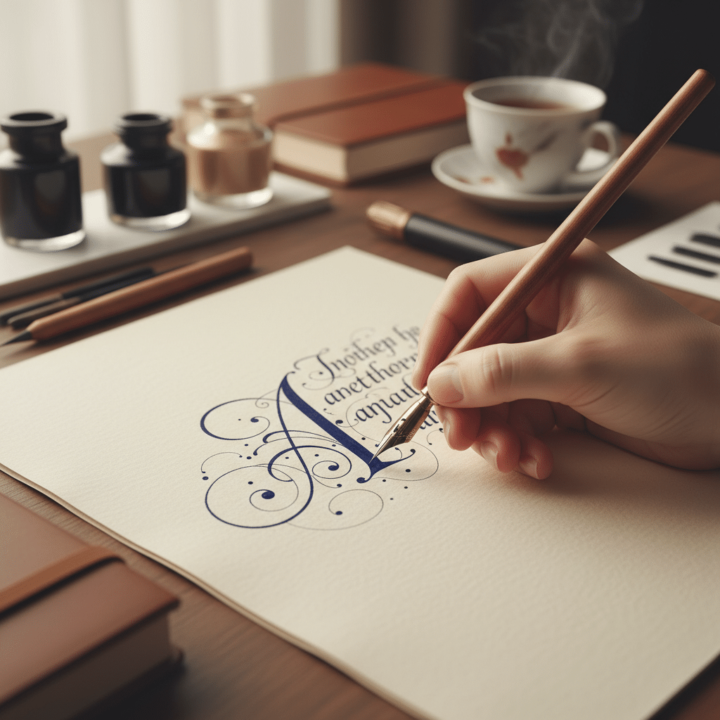 Person practicing calligraphy with ink pen and paper, surrounded by books and a coffee cup.
