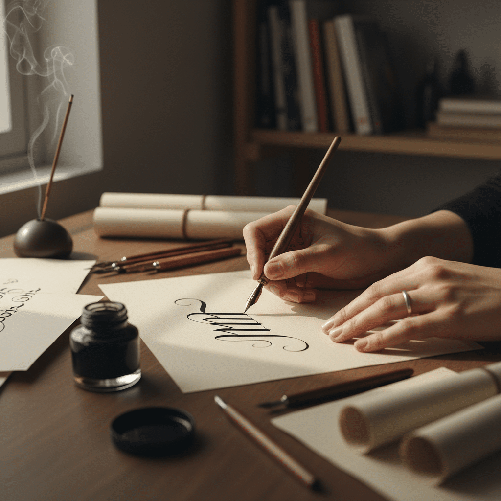 Elegant calligraphy writing with ink pen on paper, surrounded by scrolls and books on a wooden desk.