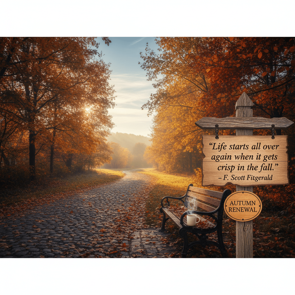 Autumn park path with bench, coffee, and quote: Life starts all over again when it gets crisp in the fall.