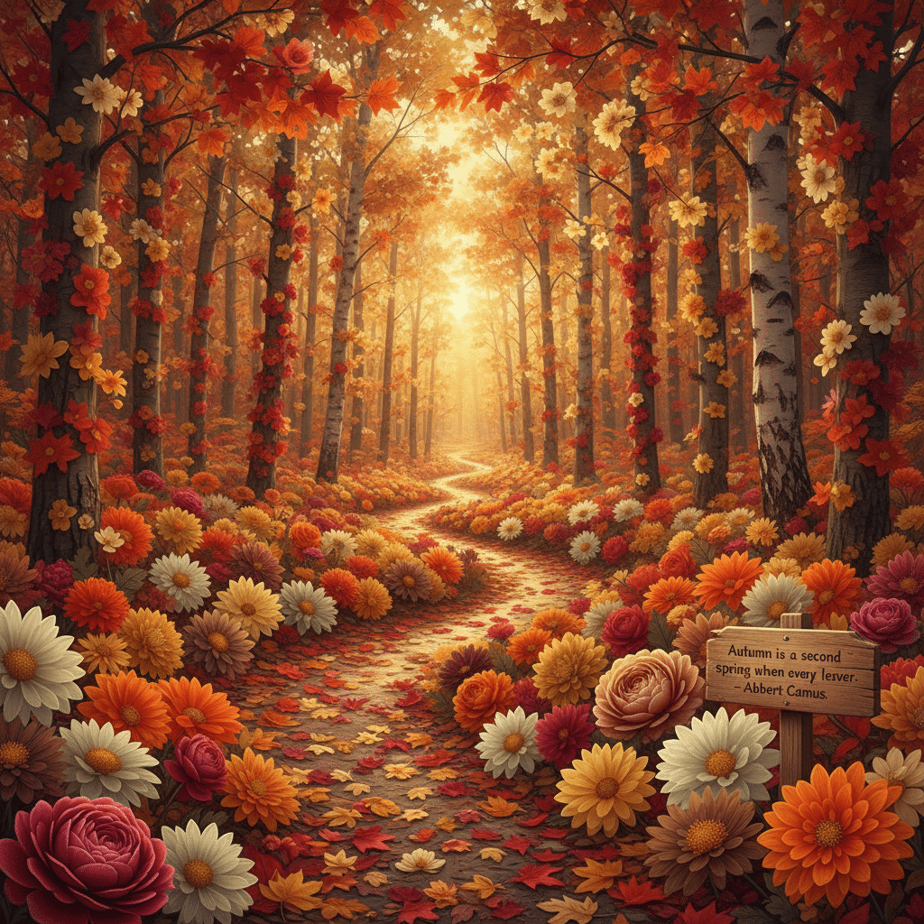 Path through vibrant autumn forest with colorful leaves and flowers, illuminated by golden sunlight.