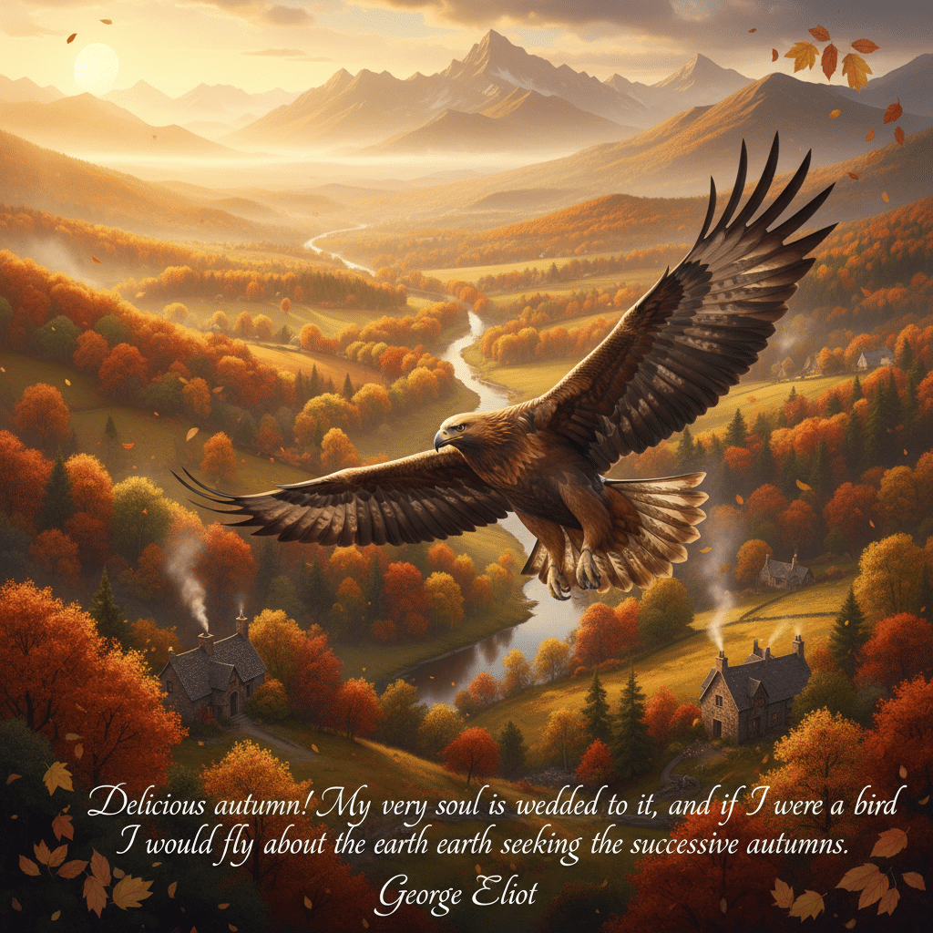 Majestic eagle soars over autumnal valley with colorful foliage, river, and mountains at sunrise.