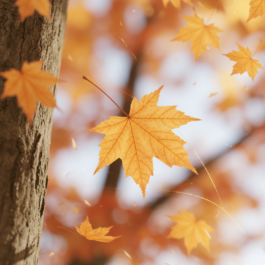 Autumn maple leaves gently falling from a tree, highlighting vibrant orange and yellow hues.