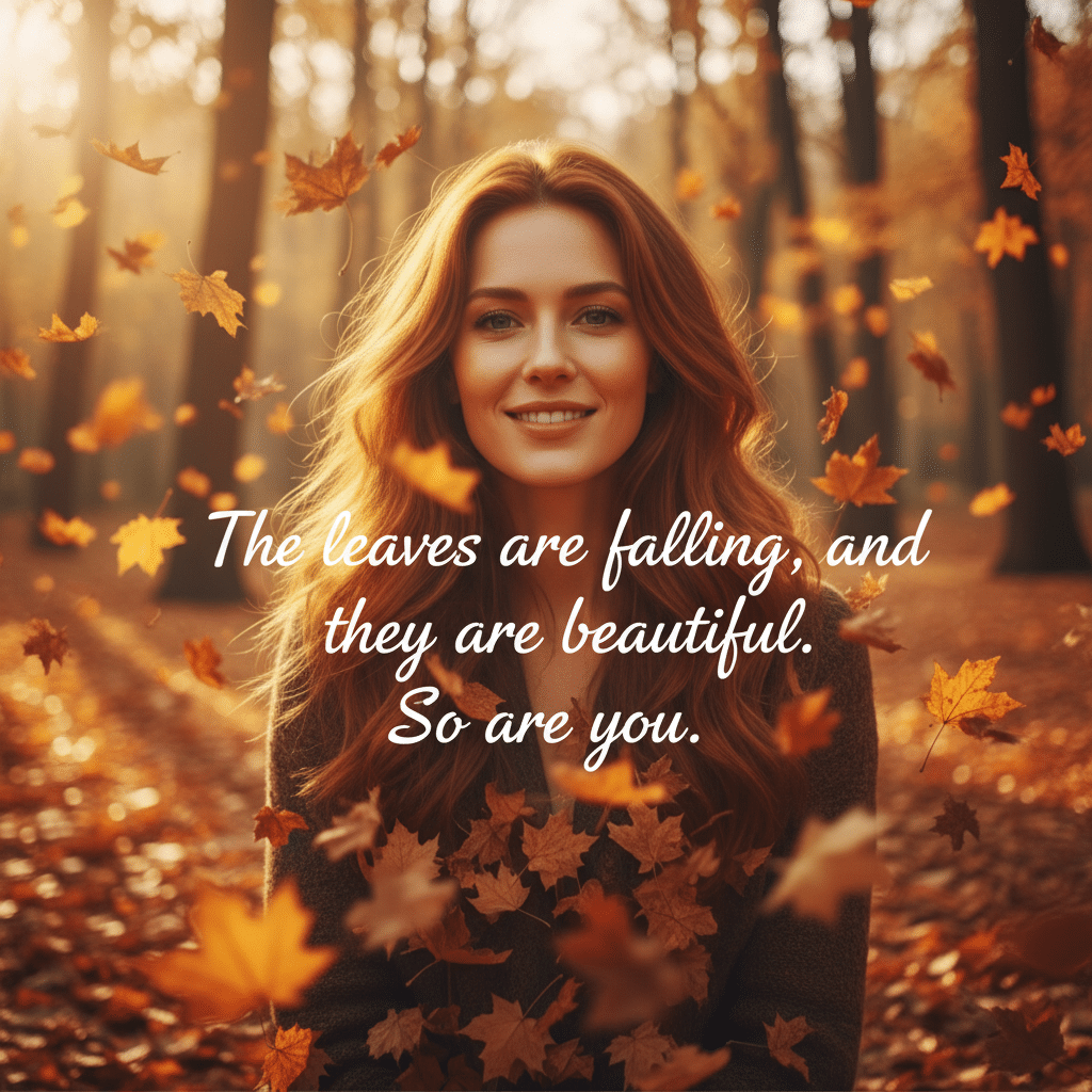 Woman smiling among falling autumn leaves in a forest, with motivational quote overlay.