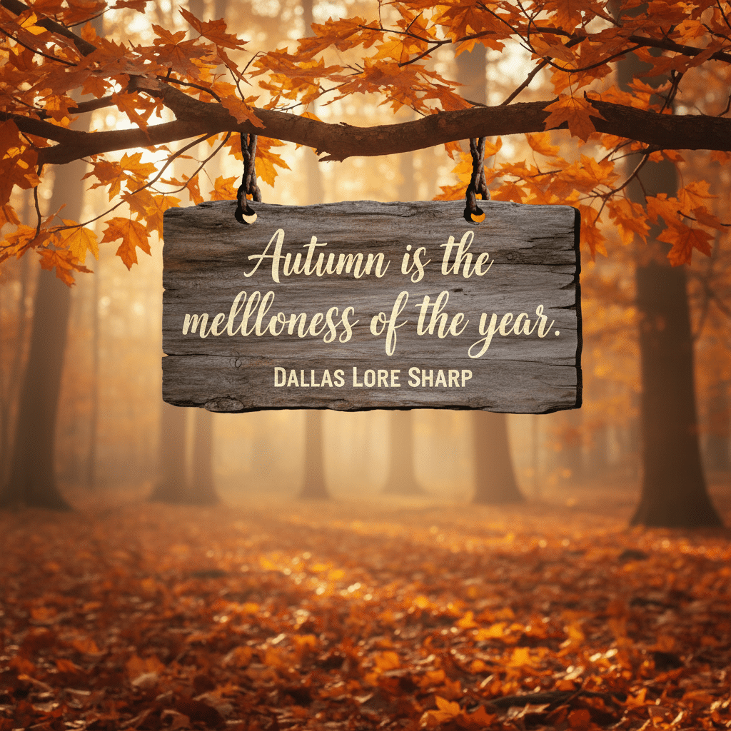 Autumn forest scene with quote 'Autumn is the mellowness of the year' on a wooden sign, surrounded by fall leaves.