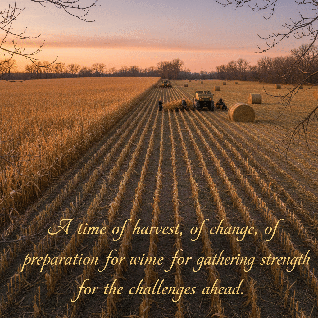 Harvest season panoramic view with tractors and hay bales on a cornfield during sunset.
