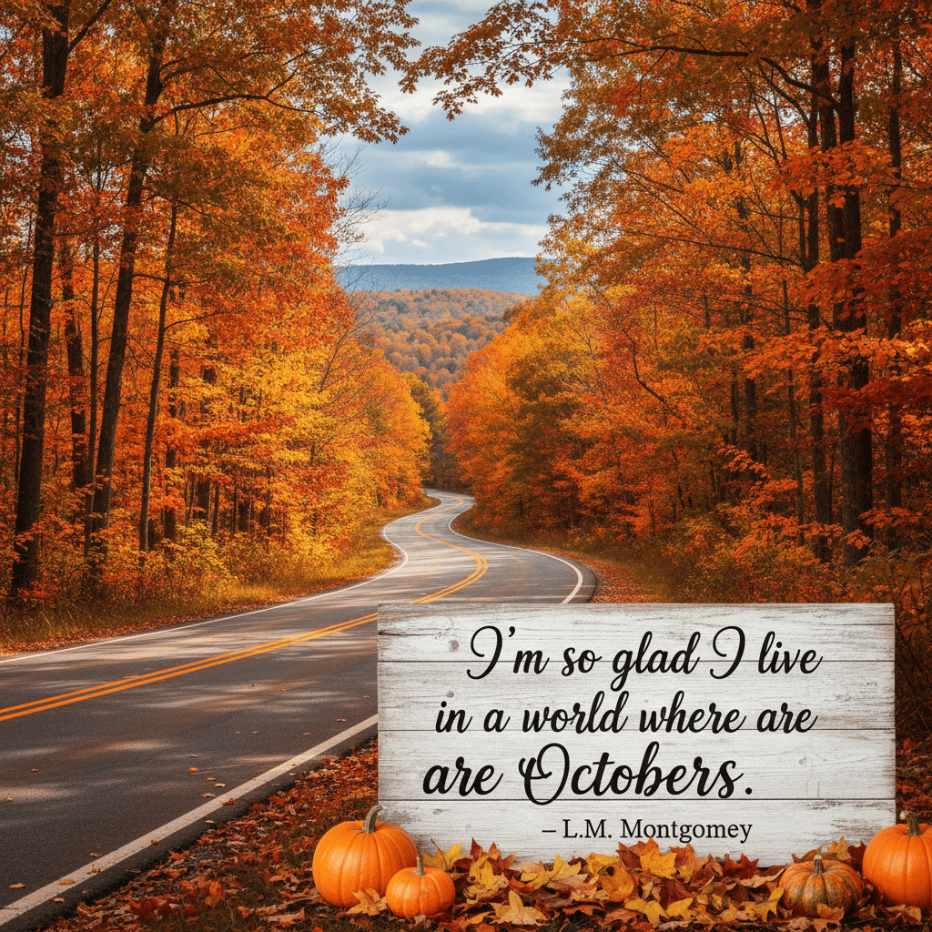 Winding road through vibrant autumn forest with quote by L.M. Montgomery and pumpkins in the foreground.