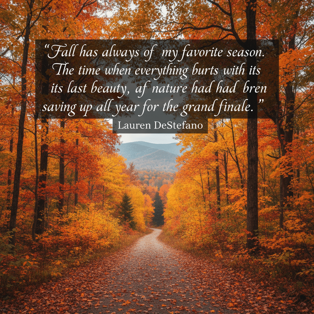 Autumn forest path with vibrant orange and yellow foliage; Lauren DeStefano quote about fall's beauty overlays the scene.