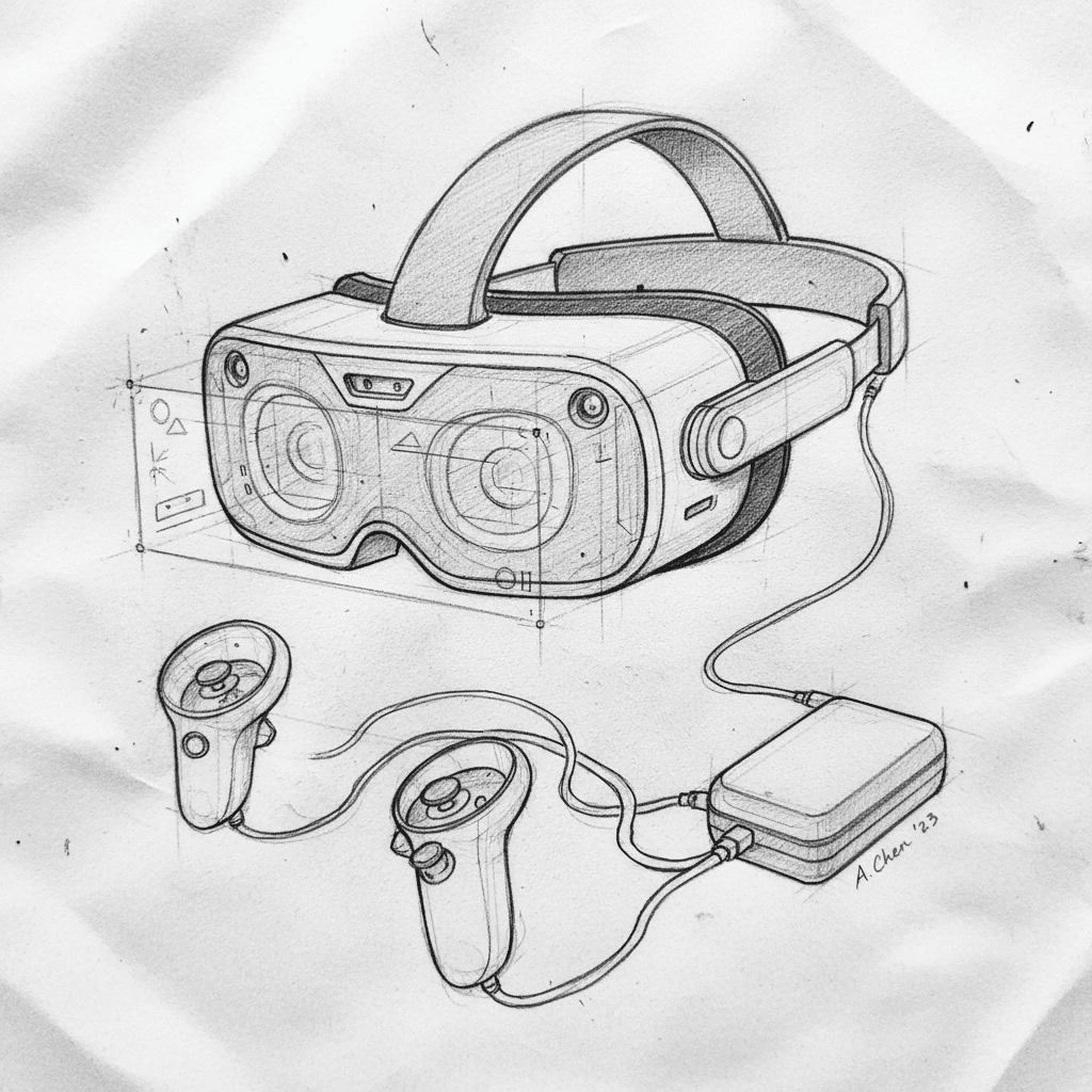 ai-photo-studio-1760985614480-1 Sketch of a virtual reality headset with controllers and wires on paper. | Sky Rye Design Sketch of a virtual reality headset with controllers and wires on paper.