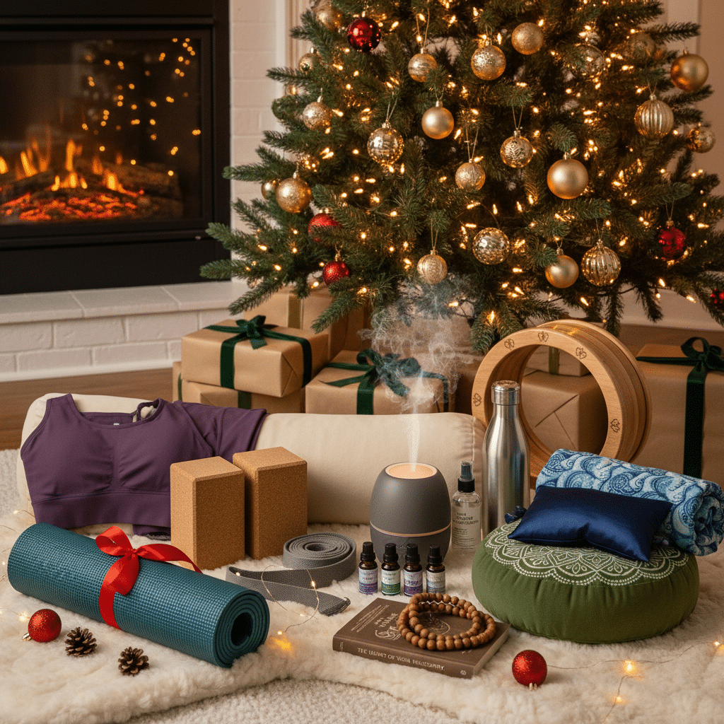 Cozy Christmas yoga gifts under a tree: mat, blocks, essential oils, and decor by a fireplace. Perfect holiday relaxation setup.