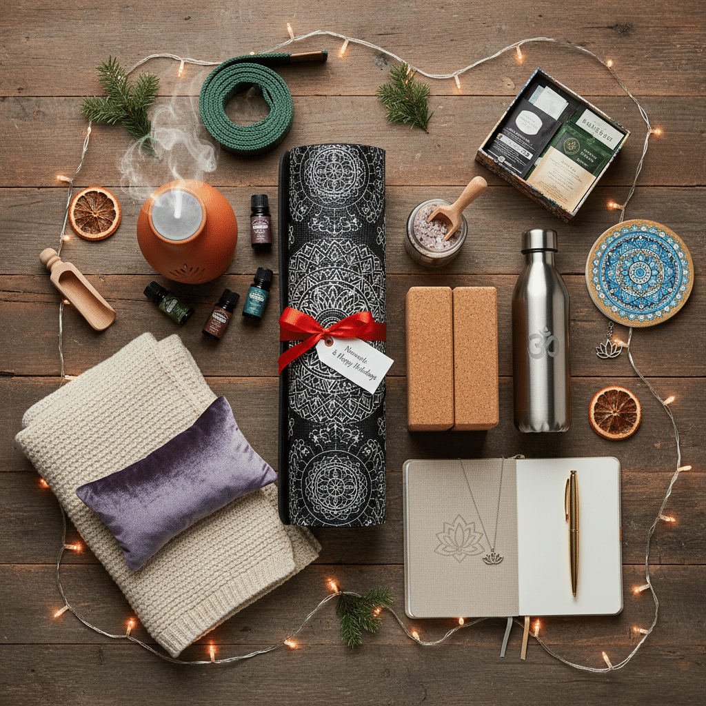 Yoga gift set with mat, diffuser, blocks, and cozy blanket on wooden background, perfect for relaxation and wellness.