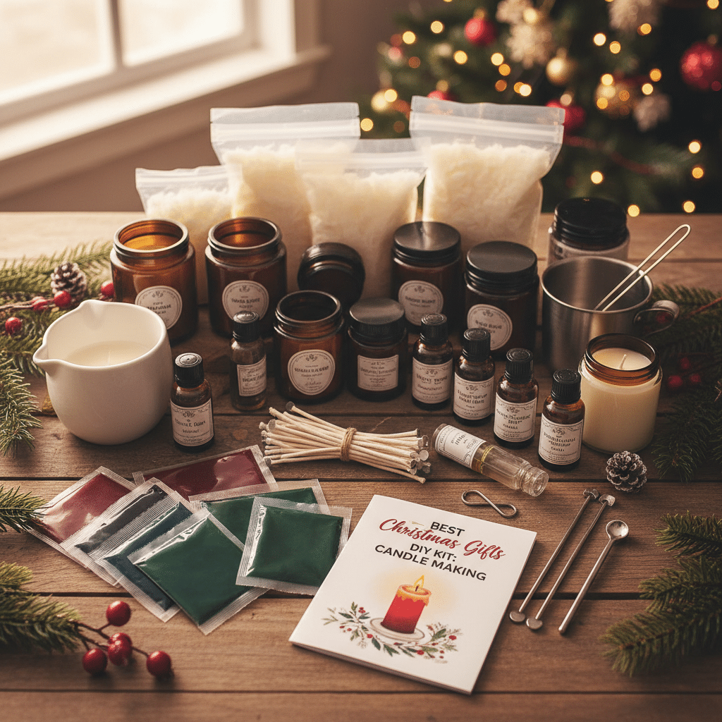 DIY candle-making kit with ingredients, tools, and a guidebook on a festive table, perfect for Christmas gifts.