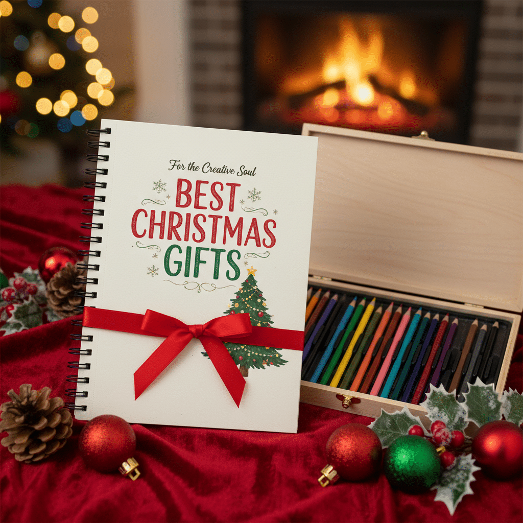 Christmas gift guide book with colored pencils set, festive decor, and fireplace setting. Perfect for creative souls.