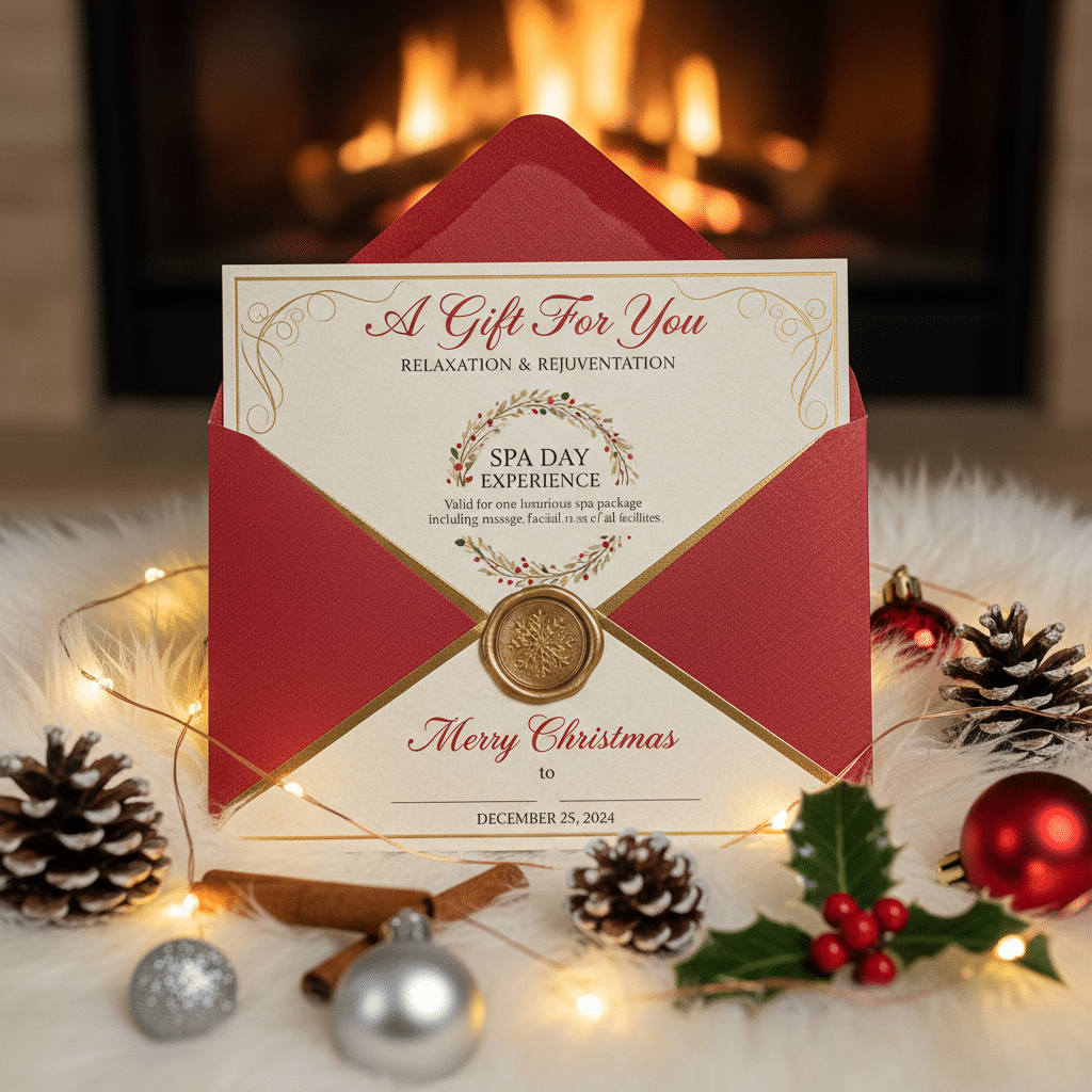 Elegant Christmas spa gift certificate in a festive red envelope by a warm fireplace, surrounded by holiday decor.