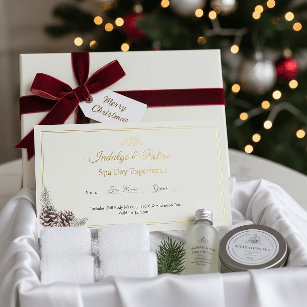 Christmas spa gift voucher with red ribbon, relaxation tea, and bath essentials in a white basket by a lit tree.