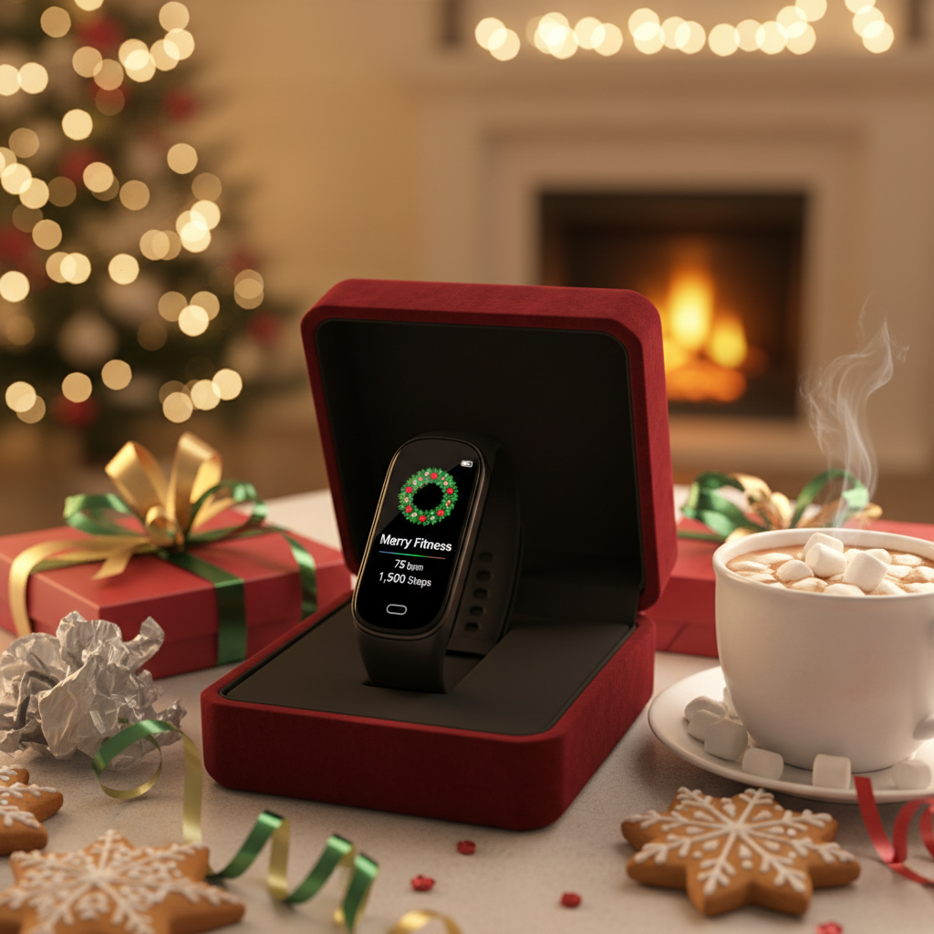 Fitness tracker in holiday box by a cozy Christmas scene with gifts and hot cocoa.