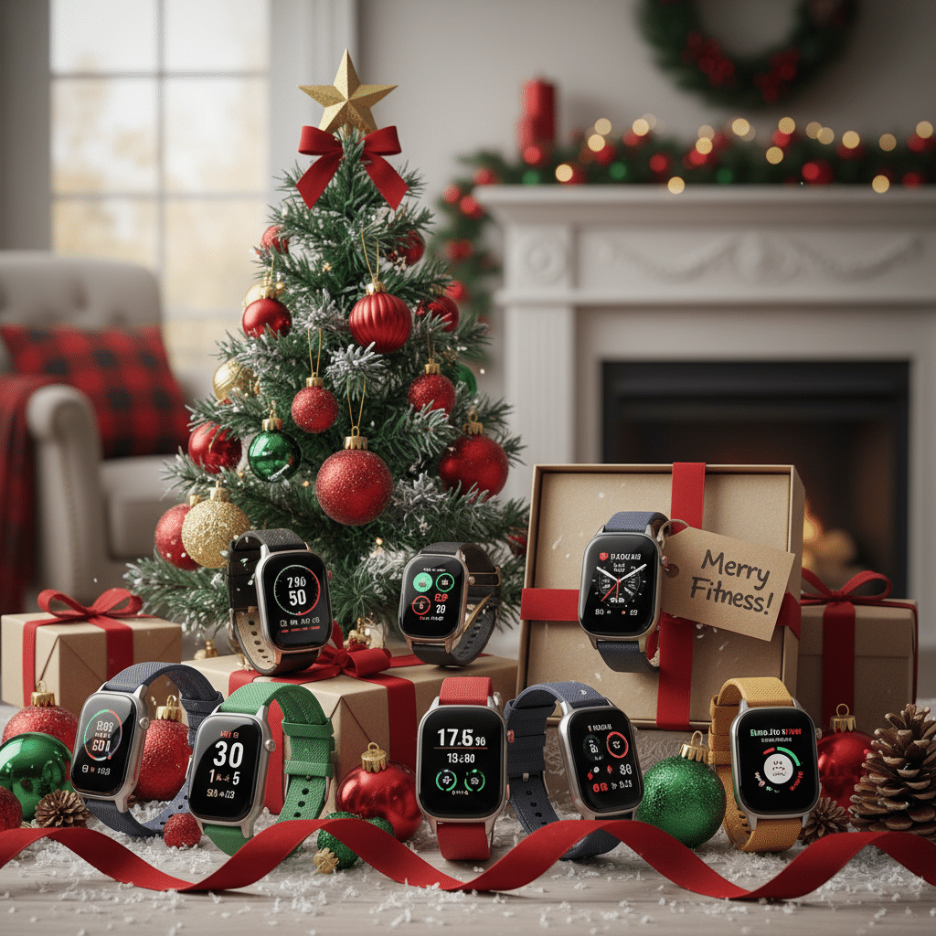 Smartwatches displayed around a decorated Christmas tree, festive gifts, and ornaments with a Merry Fitness! tag.