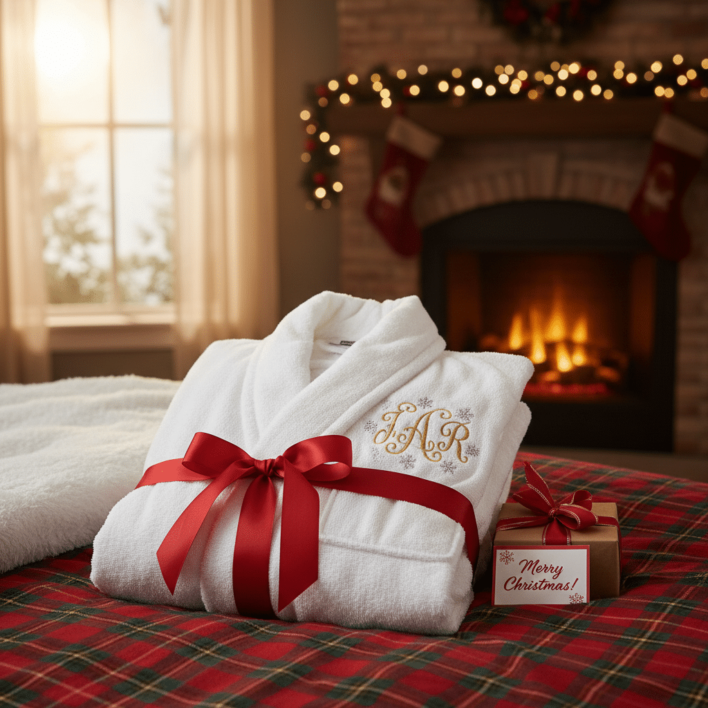 Cozy Christmas scene with embroidered bathrobe and gift box by a fireplace, festive decor in the background.