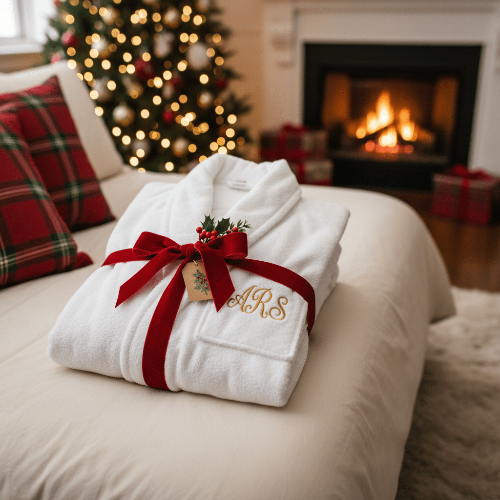 Luxury white bathrobe with red ribbon on bed, festive Christmas decor, tree, and fireplace in cozy room.
