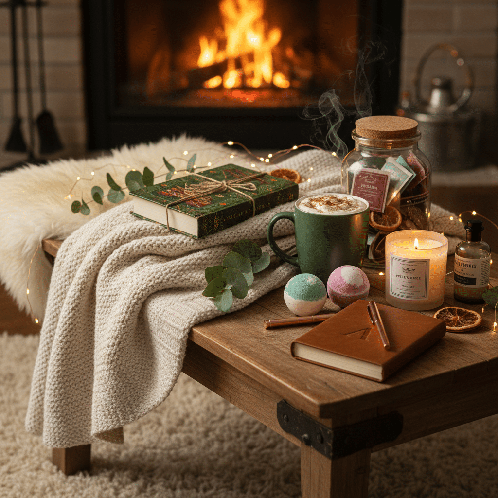 Cozy living room setup with books, a warm drink, candles, and bath bombs by a fireplace on a wooden table.