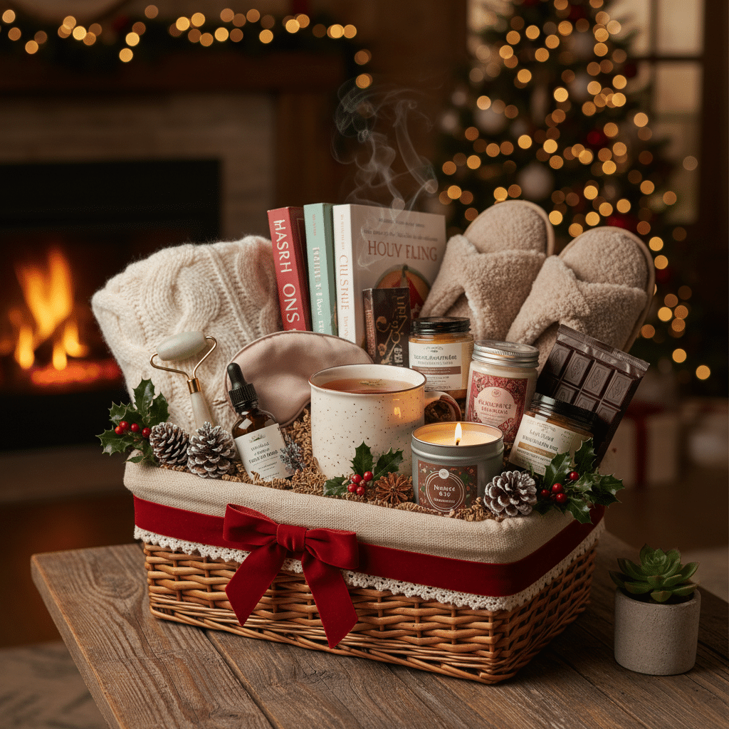 Cozy gift basket with candles, books, slippers, and treats by a fireplace, perfect for holiday relaxation.