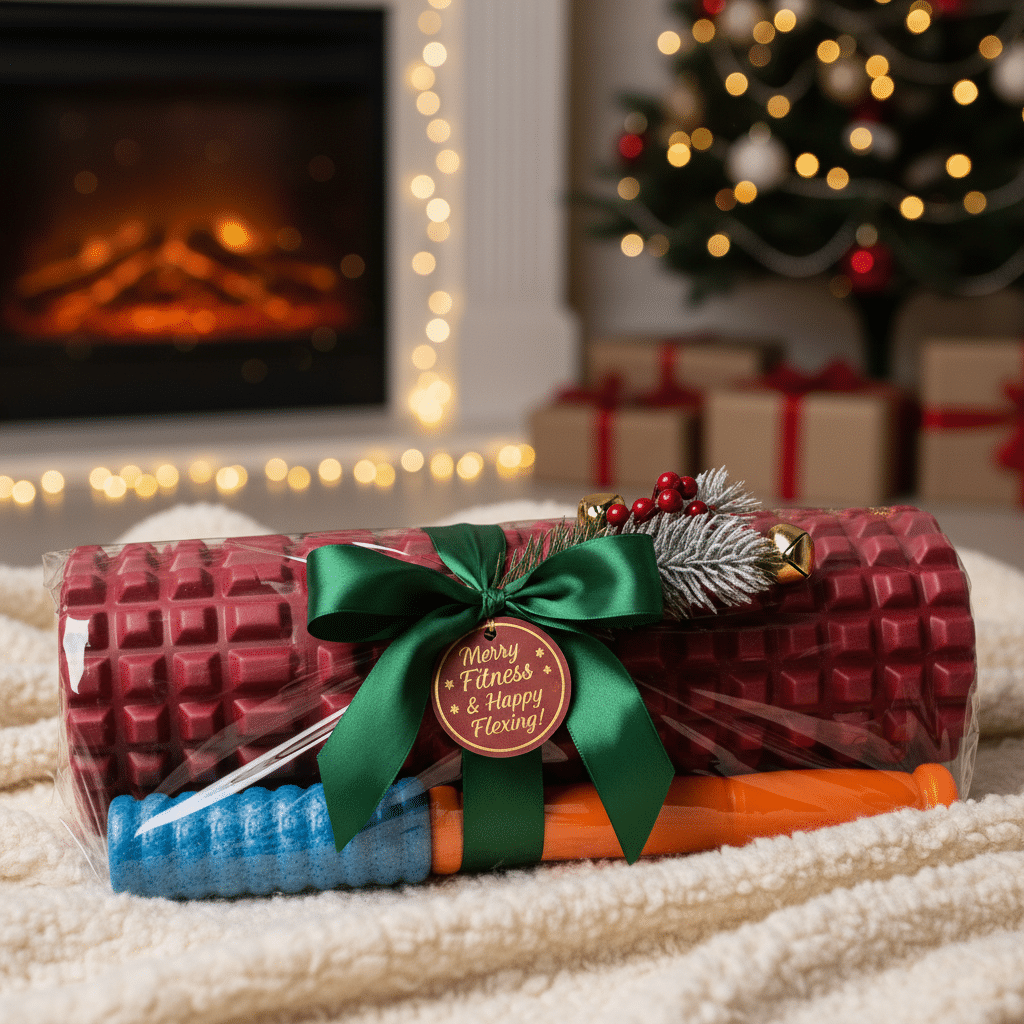 Christmas foam roller gift set with festive tag and fireplace, holiday fitness theme.