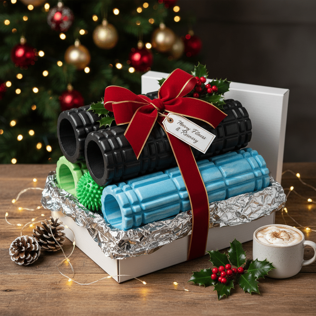 Festive foam roller gift set with holiday decorations, perfect for Christmas fitness and recovery enthusiasts.