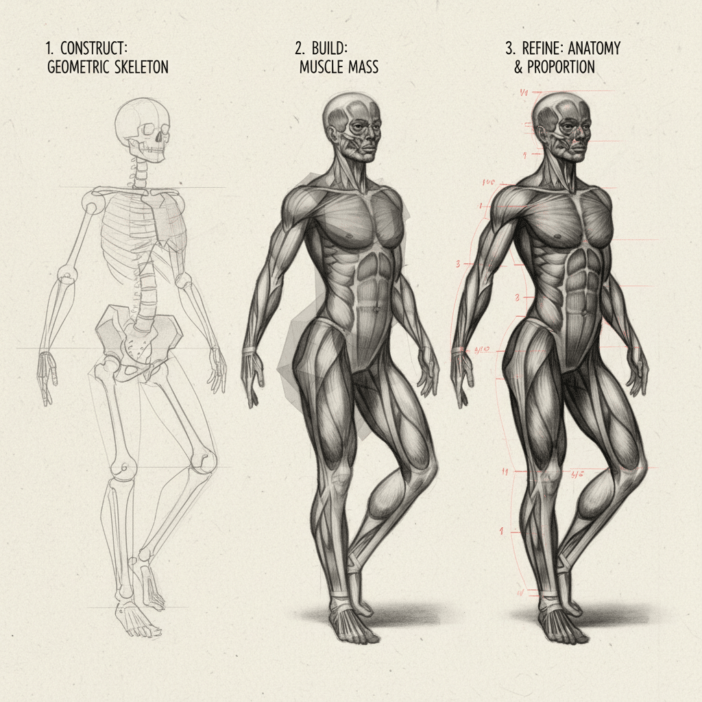 Step-by-step anatomical drawing: skeleton, muscle mass, and refined proportions.