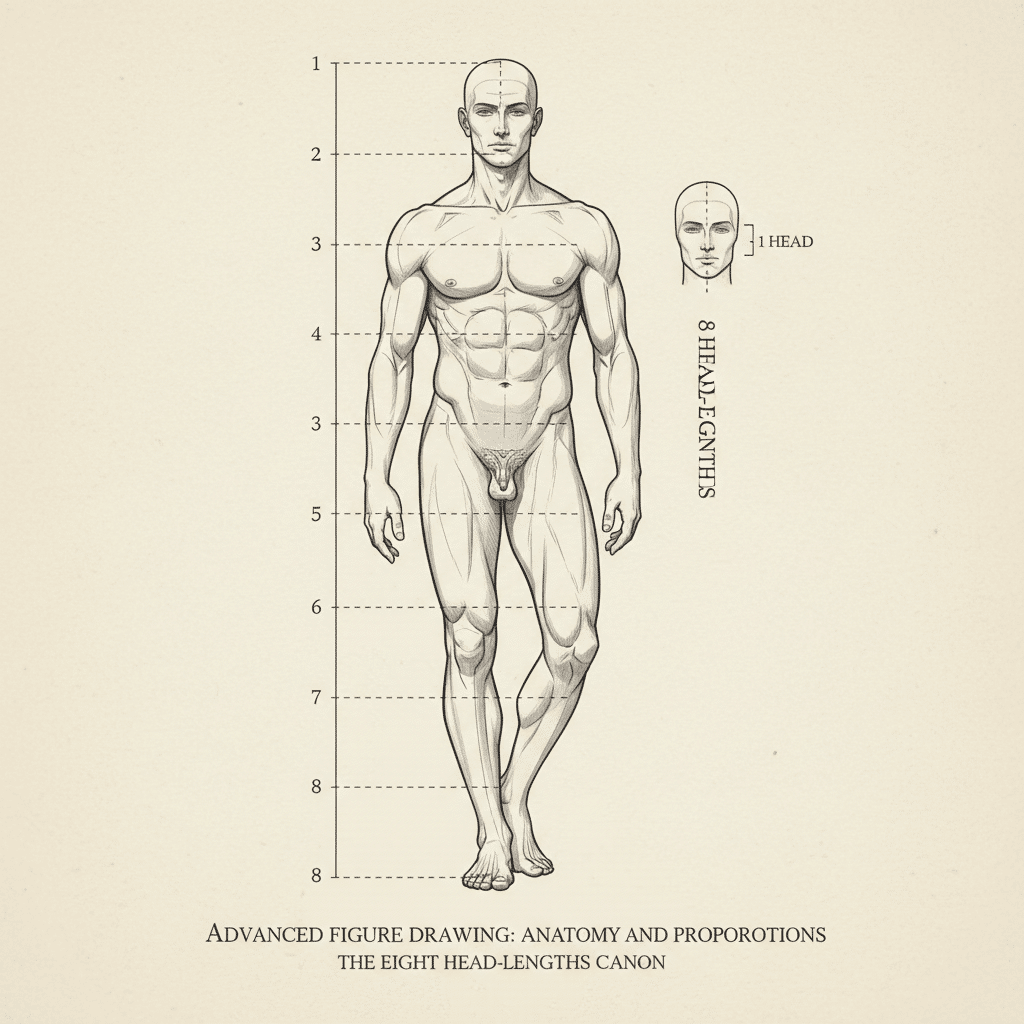 Illustration showing human body proportions using the eight head-lengths canon for art anatomy reference.