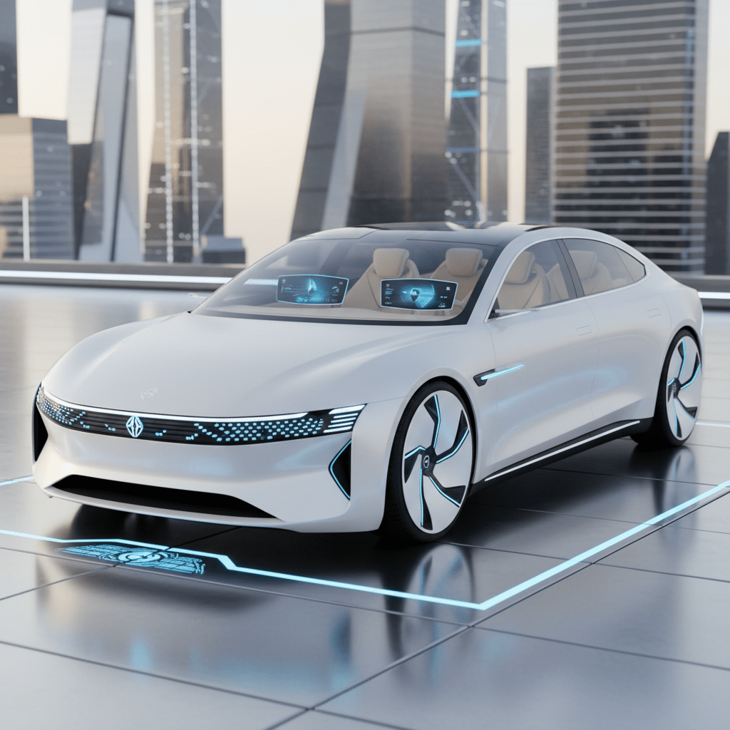 ai-photo-studio-1761068298760-1 Futuristic white electric car with digital displays, set against a modern city skyline. | Sky Rye Design Futuristic white electric car with digital displays, set against a modern city skyline.