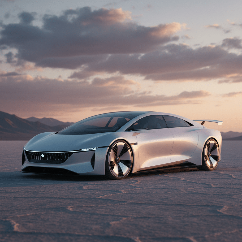 ai-photo-studio-1761068301278-2 Futuristic silver car on a salt flat at sunset, showcasing sleek design and innovation. | Sky Rye Design Futuristic silver car on a salt flat at sunset, showcasing sleek design and innovation.
