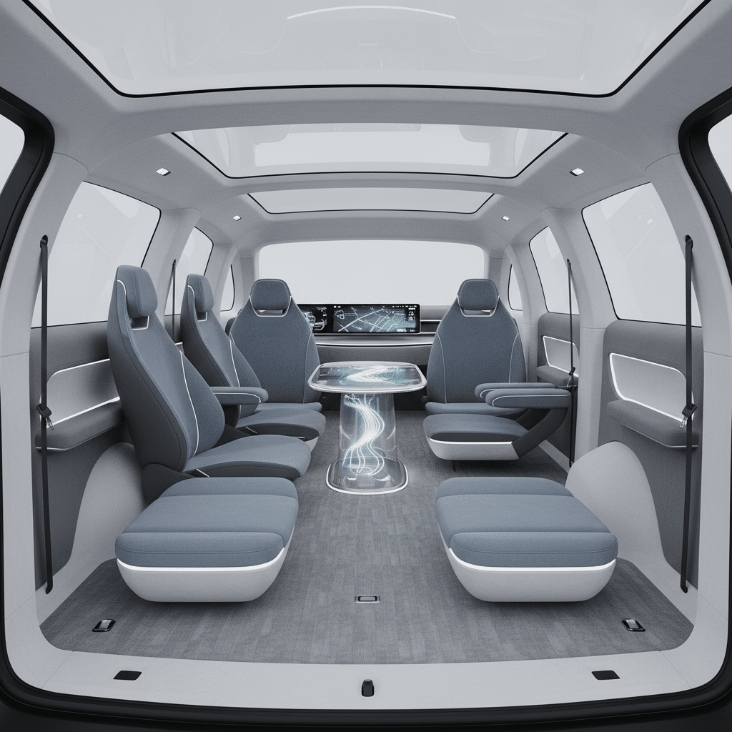 ai-photo-studio-1761068416981-2 Futuristic car interior with sleek design, swivel seats, large skylight, and digital dashboard for autonomous driving. | Sky Rye Design Futuristic car interior with sleek design, swivel seats, large skylight, and digital dashboard for autonomous driving.