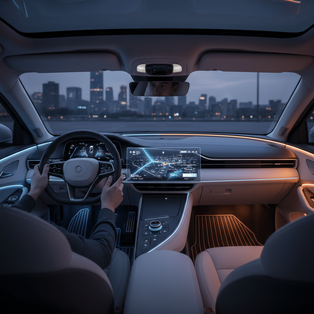 ai-photo-studio-1761068758505-1 Man driving a modern car with digital dashboard and city skyline view through windshield at dusk. | Sky Rye Design Man driving a modern car with digital dashboard and city skyline view through windshield at dusk.