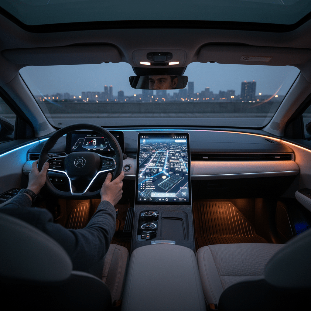 ai-photo-studio-1761068760764-2 Driving modern car with interactive dashboard display, illuminated cityscape view through windshield at night. | Sky Rye Design Driving modern car with interactive dashboard display, illuminated cityscape view through windshield at night.