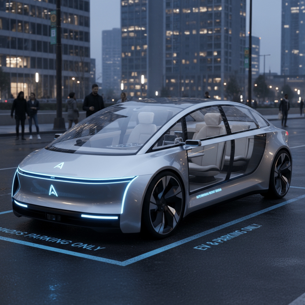 ai-photo-studio-1761068804923-2 Futuristic self-driving electric car parked in urban setting at dusk, showcasing sleek design and innovation. | Sky Rye Design Futuristic self-driving electric car parked in urban setting at dusk, showcasing sleek design and innovation.