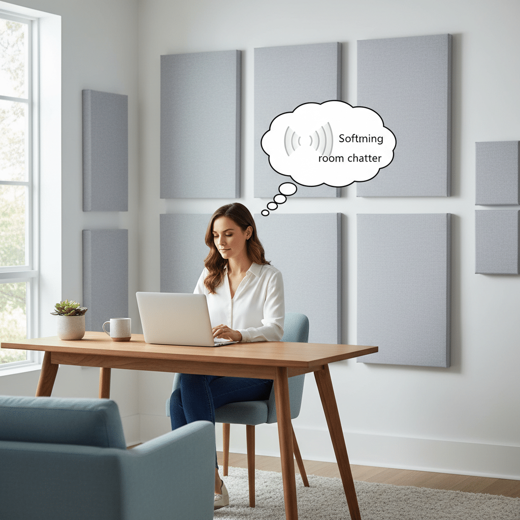 Woman working on laptop in a soundproof room with panels and thought bubble about softening room chatter.