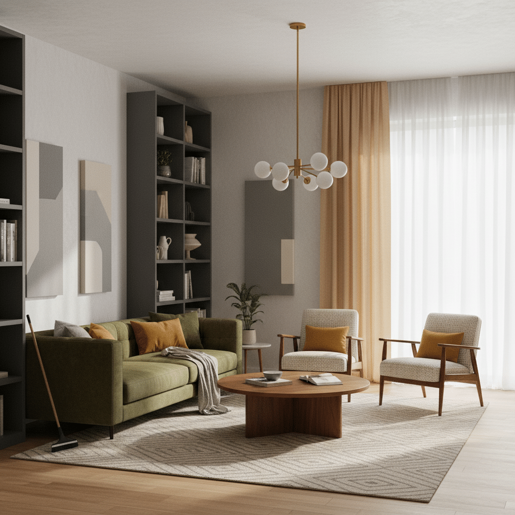 Modern living room with green sofa, wooden table, and large windows for natural light. Cozy and stylish interior design.