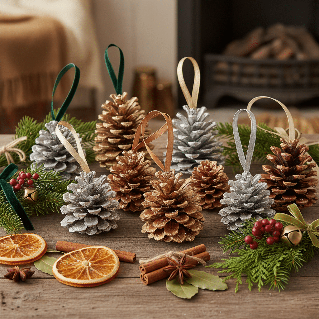 ai-photo-studio-1761141192712-2 Festive pinecone ornaments with ribbons and winter decor on a wooden table, perfect for a cozy holiday setting. | Sky Rye Design Festive pinecone ornaments with ribbons and winter decor on a wooden table, perfect for a cozy holiday setting.