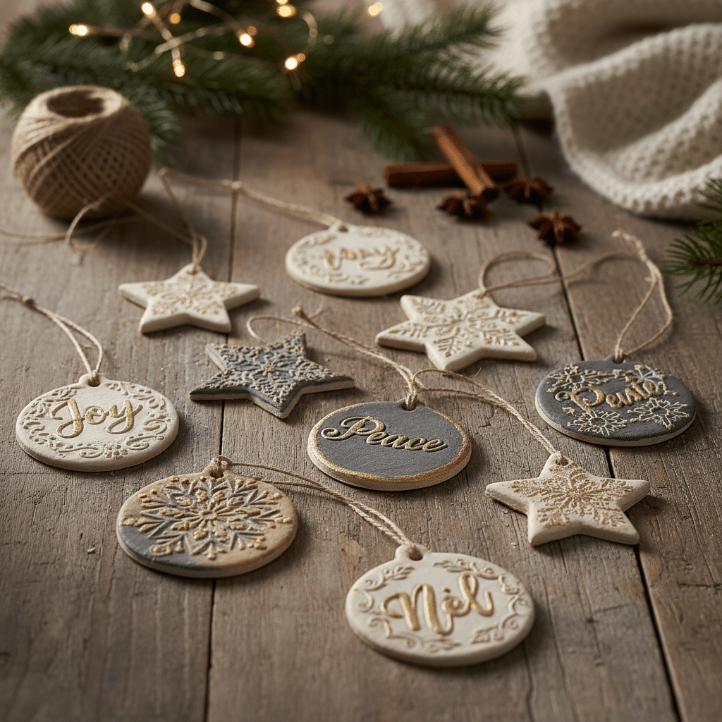 ai-photo-studio-1761141359892-1 Rustic Christmas ornaments with Joy, Peace, and Noel on wooden table, surrounded by holiday decor. | Sky Rye Design Rustic Christmas ornaments with Joy, Peace, and Noel on wooden table, surrounded by holiday decor.