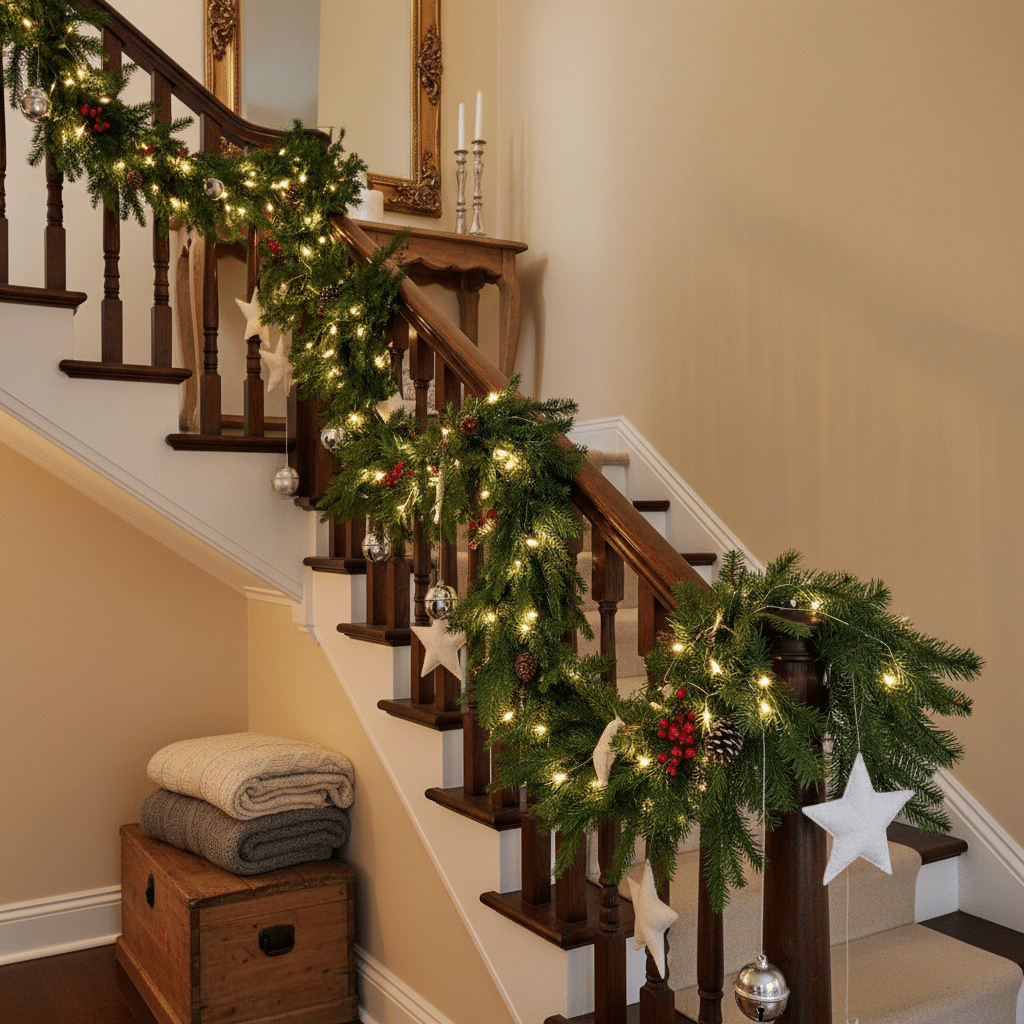 ai-photo-studio-1761163176766-1 Festive staircase with garland, lights, and ornaments for Christmas decor. Cozy, inviting holiday home interior. | Sky Rye Design Festive staircase with garland, lights, and ornaments for Christmas decor. Cozy, inviting holiday home interior.
