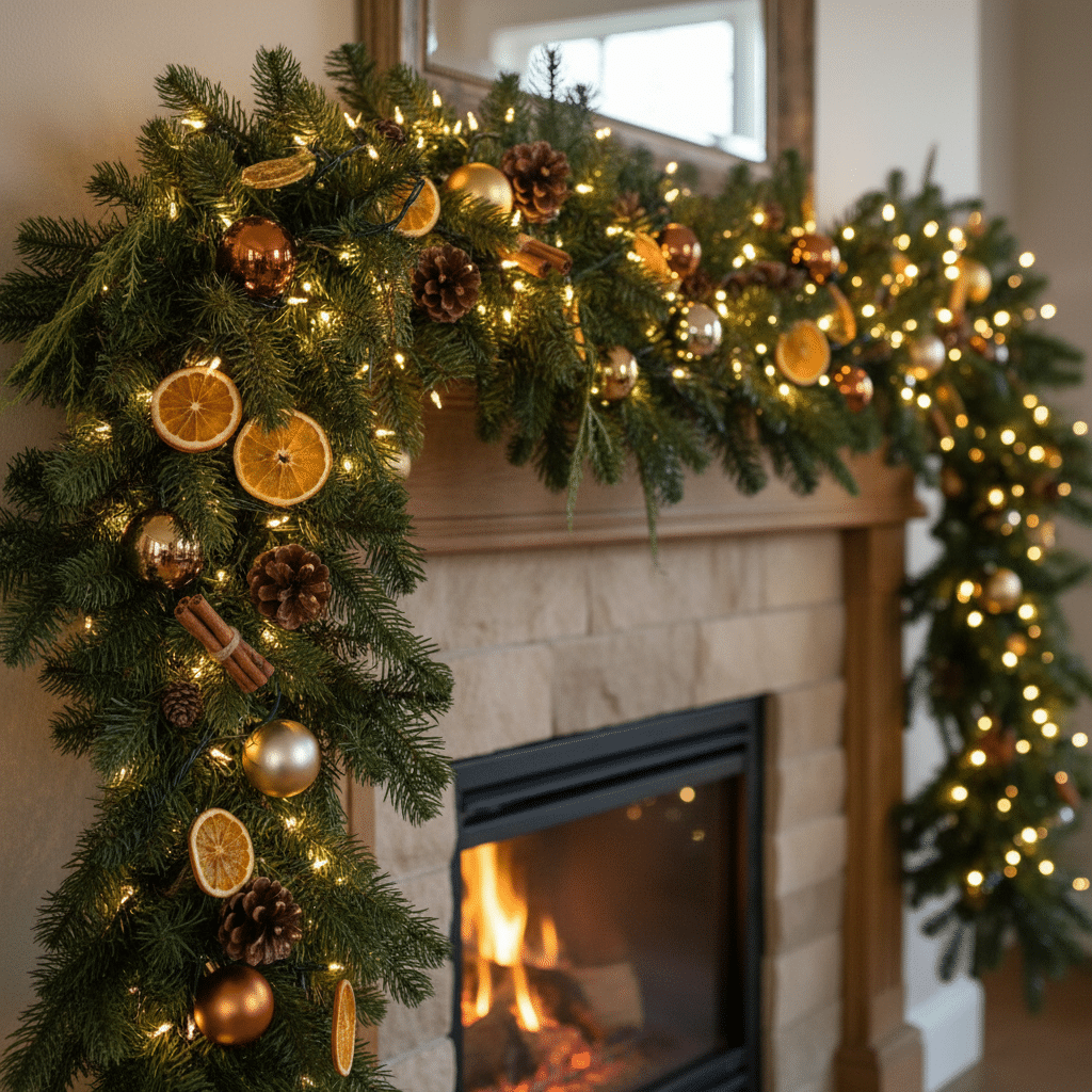ai-photo-studio-1761163193166-1 Festive holiday garland with lights, dried oranges, and pine cones on a cozy fireplace mantel. | Sky Rye Design Festive holiday garland with lights, dried oranges, and pine cones on a cozy fireplace mantel.