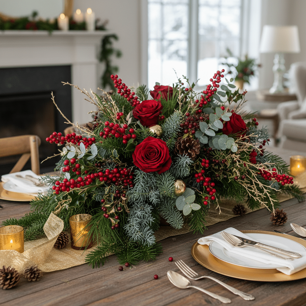 ai-photo-studio-1761163756626-1 Festive holiday table centerpiece with red roses, berries, pine cones, and gold accents in a cozy dining room setting. | Sky Rye Design Festive holiday table centerpiece with red roses, berries, pine cones, and gold accents in a cozy dining room setting.